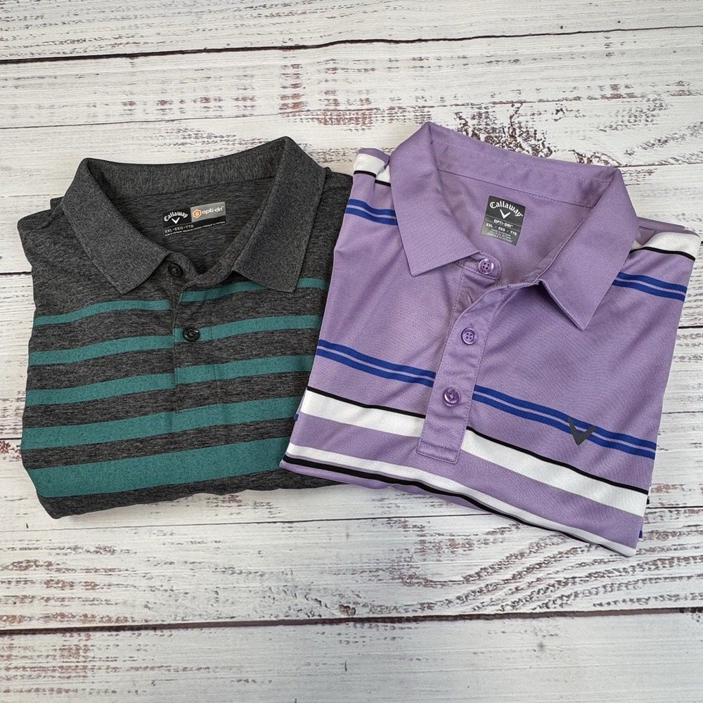 Set Of 2 Callaway Mens Shirt Polo Opti Dri XXL Purple Striped & Gray/Teal